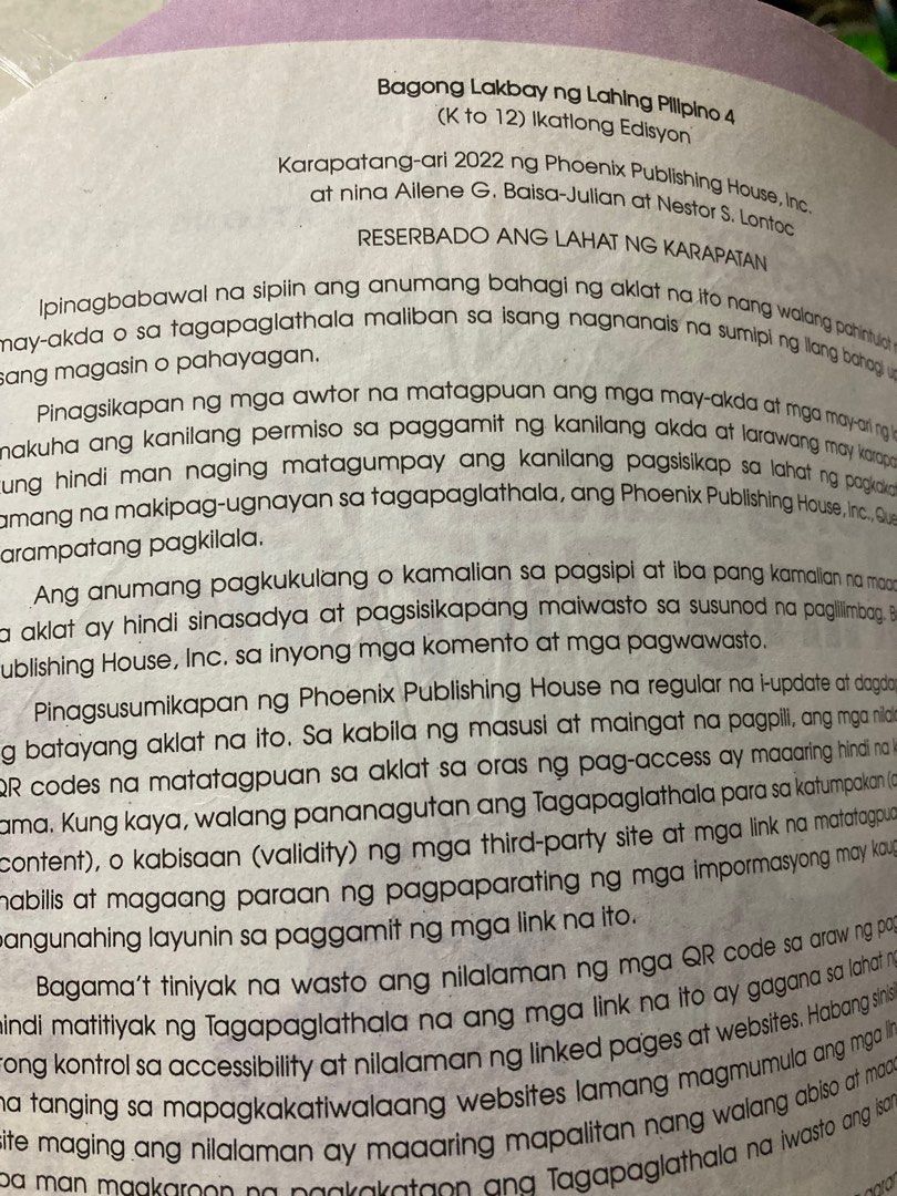 Grade 4 Books 350 only (Category: Textbooks) located in Quezon City. Submitted by tipidtipid (Listing ID 1317406791, Image 3). Description: Grade 4 Used books. Some pages with writings & check marks. Price per book. Payment first before shipping or pickup. Masiglang Pamumuhay 4 Our World of Math 4 PLP 4 Pinagyamang Pluma 4 Baging Lakbay Pilipino 4 - SOLD.