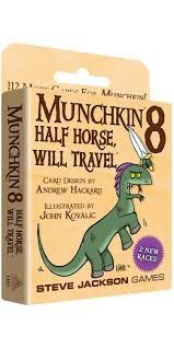 Munchkin 8: half horse, Will travel (Category: Board Games & Puzzles) located in Quezon City. Submitted by whizdepot (Listing ID 1317386431, Image 1). Description: Munchkin 8: Half Horse, Will Travel is a 112-card expansion forMunchkin that adds two new races to the game: Centaur and Lizard Guy. A myriad other new cards are included, such as race/class enhancers (Elite, Legendary, and Elder) and monsters (Gecko On The Telly, Centaurpede, and the 