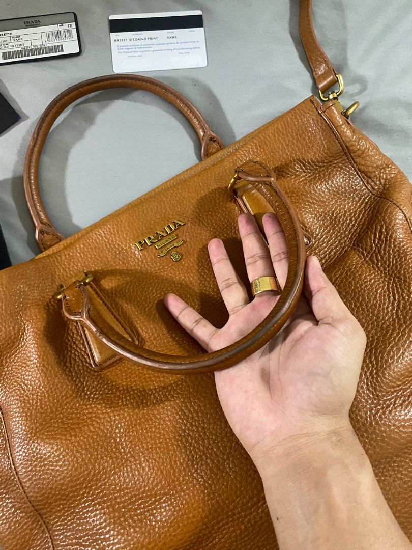 RARE PRADA Brown Vitello Daino print Leather