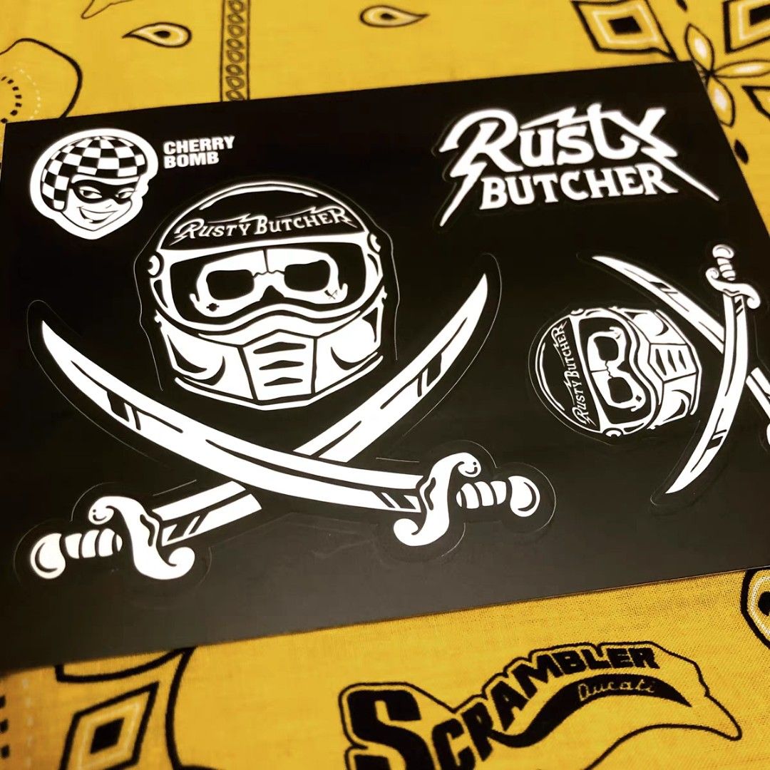 Rusty Butcher sticker, Motorcycles, Motorcycle Apparel on Carousell