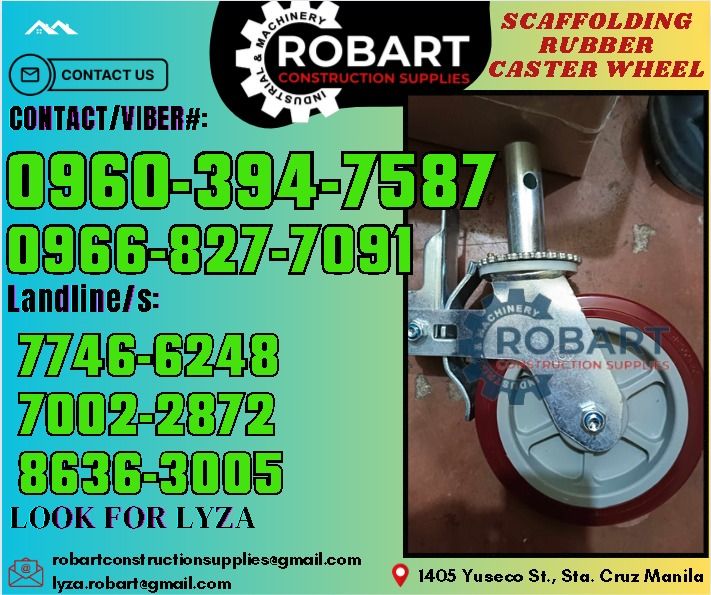 Scaffolding Rubber Caster Wheel w/ Lock (Category: Construction Tools & Equipment) located in Manila. Submitted by lyzarobart11 (Listing ID 1317379281, Image 1). Description: Scaffolding Rubber Caster Wheel w/ Lock Size: 8" Cap: 300kg 𝑹𝑶𝑩𝑨𝑹𝑻 𝑪𝑶𝑵𝑺𝑻𝑹𝑼𝑪𝑻𝑰𝑶𝑵 𝑺𝑼𝑷𝑷𝑳𝑰𝑬𝑺 𝒪𝒻𝒻𝒾𝒸𝑒 𝒜𝒹𝒹𝓇𝑒𝓈𝓈: 𝟣𝟦𝟢𝟧 𝒴𝓊𝓈𝑒𝒸𝑜 𝒮𝓉. 𝒮𝓉𝒶 𝒞𝓇𝓊𝓏 𝑀𝒶𝓃𝒾𝓁𝒶 ꜱᴇɴᴅ ᴜꜱ ᴍᴇꜱꜱᴀɢᴇ ꜰᴏʀ ɪɴQᴜɪʀɪᴇꜱ ‼️ ‼️ ɢʟᴏʙᴇ: (0966-827-7091) ꜱᴍʀᴛ - (0960-39