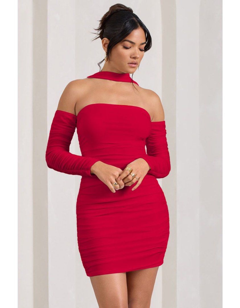 Thea Red Ruched Long Sleeved Bodycon Mini Dress With Halter Collar, Women's  Fashion, Dresses & Sets, Dresses on Carousell