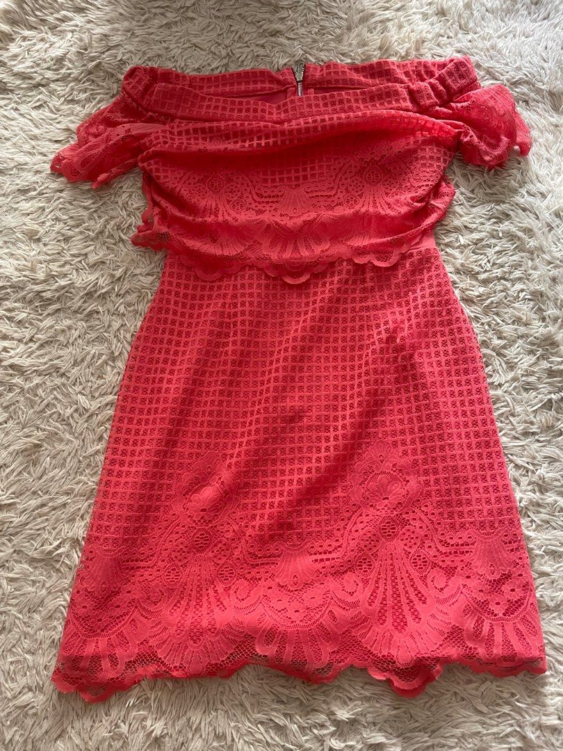 Topshop Coral Pink Lace Off Shoulder Dress