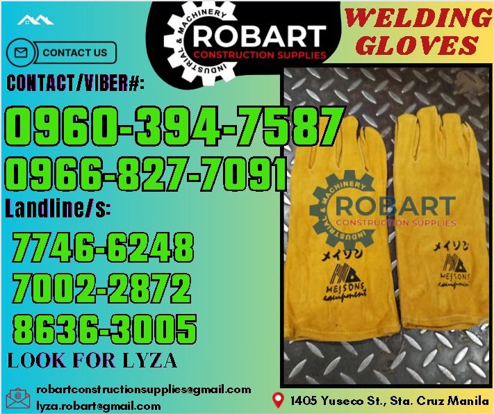 Welding Gloves (Category: Construction Tools & Equipment) located in Manila. Submitted by lyzarobart1999 (Listing ID 1317409987, Image 1). Description: Welding Gloves Size: 14'' Color: Yellow 𝑹𝑶𝑩𝑨𝑹𝑻 𝑪𝑶𝑵𝑺𝑻𝑹𝑼𝑪𝑻𝑰𝑶𝑵 𝑺𝑼𝑷𝑷𝑳𝑰𝑬𝑺 𝒪𝒻𝒻𝒾𝒸𝑒 𝒜𝒹𝒹𝓇𝑒𝓈𝓈: 𝟣𝟦𝟢𝟧 𝒴𝓊𝓈𝑒𝒸𝑜 𝒮𝓉. 𝒮𝓉𝒶 𝒞𝓇𝓊𝓏 𝑀𝒶𝓃𝒾𝓁𝒶 ꜱᴇɴᴅ ᴜꜱ ᴍᴇꜱꜱᴀɢᴇ ꜰᴏʀ ɪɴQᴜɪʀɪᴇꜱ ‼️ ‼️ ɢʟᴏʙᴇ: (0966-827-7091) ꜱᴍʀᴛ - (0960-394-7587) ᴠɪʙʀ - (0960-394-7587) ʟᴀɴᴅʟɪɴᴇ: (8