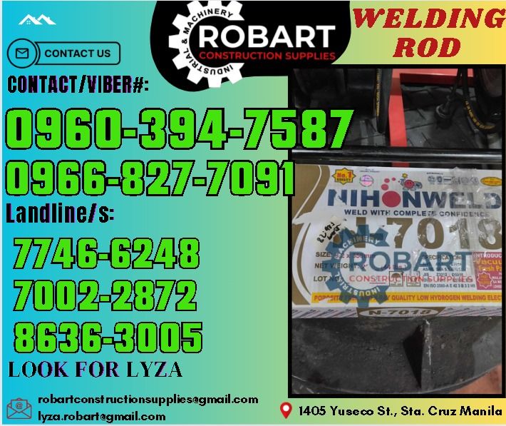 Welding Rod (Category: Construction Tools & Equipment) located in Manila. Submitted by lyzarobart1999 (Listing ID 1317381422, Image 1). Description: Welding Rod Brand: Nihonweld 7018 3.2mm 𝑹𝑶𝑩𝑨𝑹𝑻 𝑪𝑶𝑵𝑺𝑻𝑹𝑼𝑪𝑻𝑰𝑶𝑵 𝑺𝑼𝑷𝑷𝑳𝑰𝑬𝑺 𝒪𝒻𝒻𝒾𝒸𝑒 𝒜𝒹𝒹𝓇𝑒𝓈𝓈: 𝟣𝟦𝟢𝟧 𝒴𝓊𝓈𝑒𝒸𝑜 𝒮𝓉. 𝒮𝓉𝒶 𝒞𝓇𝓊𝓏 𝑀𝒶𝓃𝒾𝓁𝒶 ꜱᴇɴᴅ ᴜꜱ ᴍᴇꜱꜱᴀɢᴇ ꜰᴏʀ ɪɴQᴜɪʀɪᴇꜱ ‼️ ‼️ ɢʟᴏʙᴇ: (0966-827-7091) ꜱᴍʀᴛ - (0960-394-7587) ᴠɪʙʀ - (0960-394-7587) ʟᴀɴᴅʟɪɴᴇ: (8636