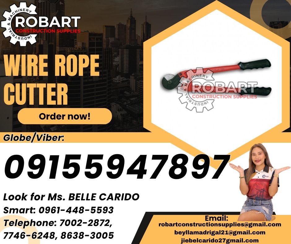 Wire Rope Cutter (Category: Construction Tools & Equipment) located in Manila. Submitted by bellarobart (Listing ID 1317406524, Image 1). Description: Wire Rope Cutter Brand: Dax Model: TD101A24 Soft Wire: 14mm Med. Wire: 10mm 𝑹𝑶𝑩𝑨𝑹𝑻 𝑪𝑶𝑵𝑺𝑻𝑹𝑼𝑪𝑻𝑰𝑶𝑵 𝑺𝑼𝑷𝑷𝑳𝑰𝑬𝑺 Office Address: 1405 Yuseco St. Sta Cruz Manila SEND US MESSAGE FOR INQUIRIES ‼️ ‼️ Glb/Vibr: 0915-594-7897 Smrt: 0961-448-5593 Landline: (7746-6248 / 7002-2872) 𝓛𝓞𝓞