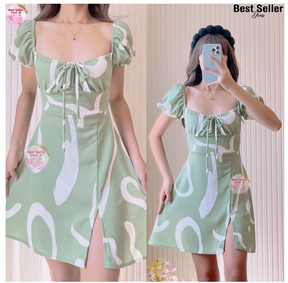 Women s Summer Classic Puff Sleeves Mini Short Dress Light Green Abstract Large XL Women s Fashion Dresses Sets Dresses on Carousell