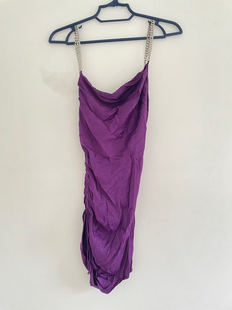 open lace back dress Rhea Purple Satin Strapless Maxi Dress - US 14