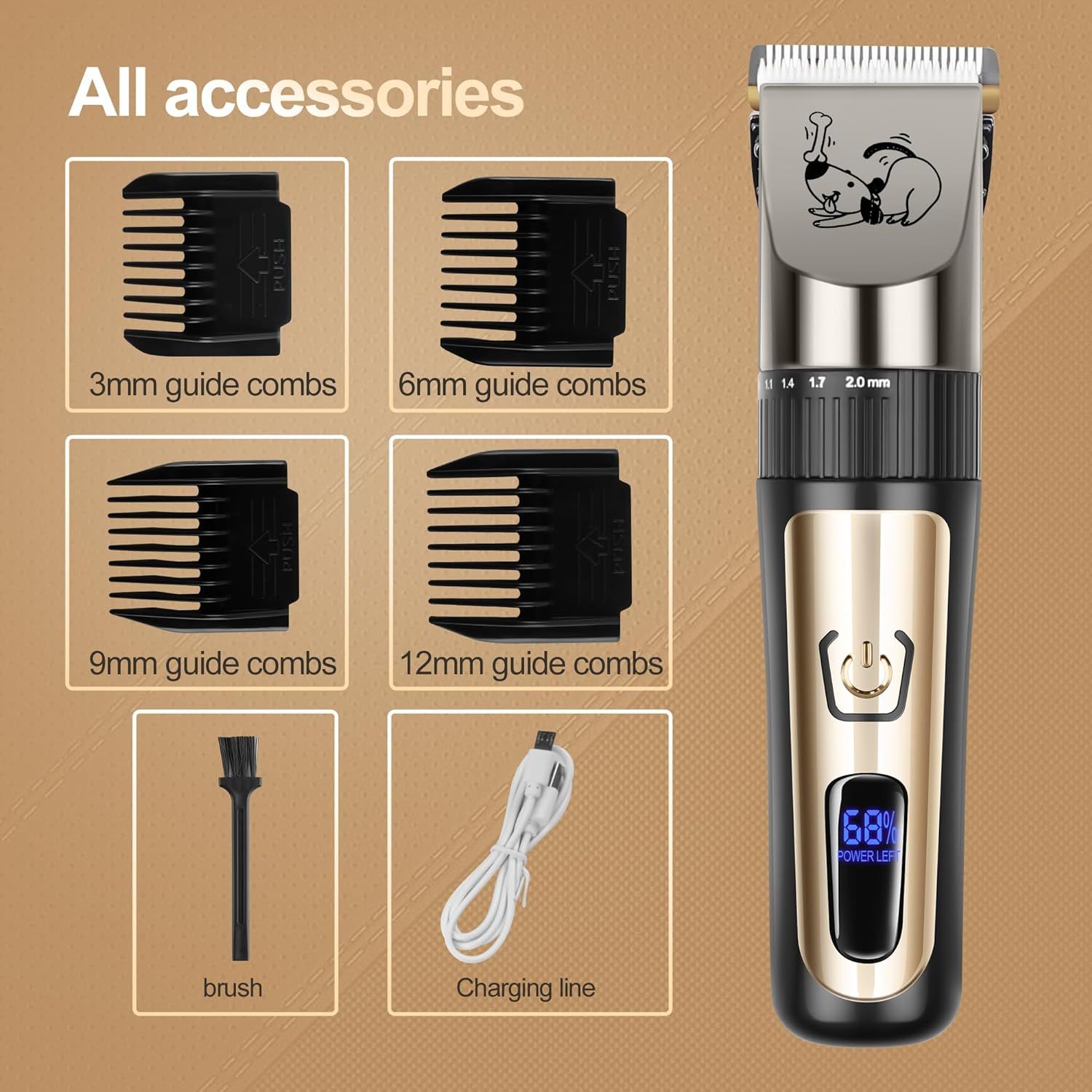 AJELU Dog Clippers Cordless Low Noise Rechargeable Electric Dog Grooming Clipper Kit Adjustable Clipper Comb Detachable Blades Dog Trimmer