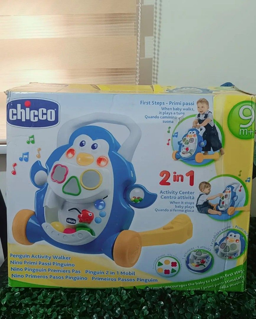 Chicco Penguin Activity Walker (Category: Infant Playtime) located in Quezon City. Submitted by mhoniqvela04 (Listing ID 1312338721, Image 1). Description: CHICCO PENGUIN ACTIVITY WALKER💙💛💚 Guaranteed Original💯 Mall Pullout Toy✅ Complete Set✅ 100% Working✅ Actual pic posted✅ Only issue: Dented box✌️ Features & details: 💙A colorful baby walker shaped like an actual penguin with manual activities with lights and sound effects 💙A toy to stimul
