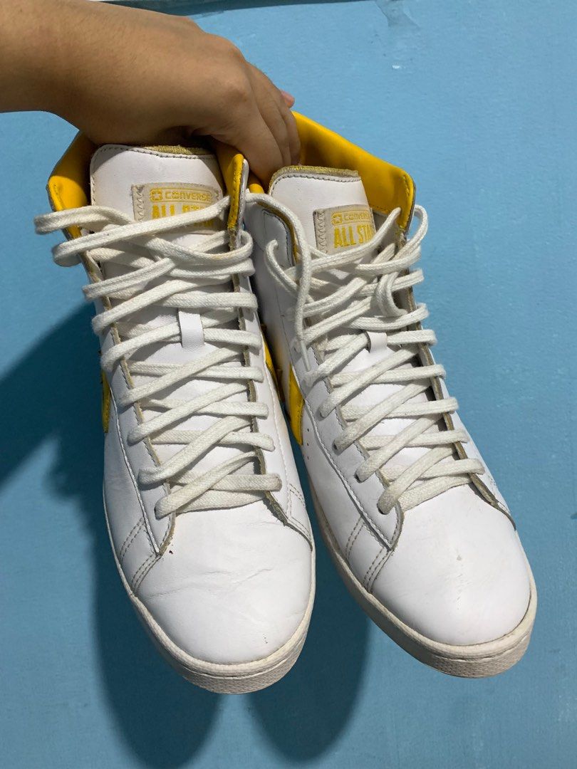 Converse All Star High Cut Leather Sneakers (Category: Sneakers) located in Quezon City. Submitted by maria16_ (Listing ID 1312300058, Image 2). Description: Authentic pair from Converse No issues besides signs of usage Size: EU 41/ UK 7/ US 8.