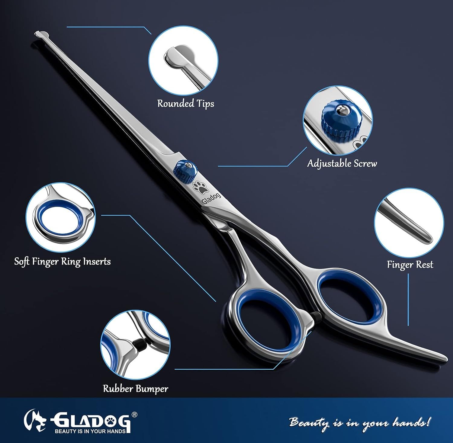 Dog Grooming Scissors Kit with Safety Round Tips GLADOG Professional 6 in 1 Grooming Scissors for Dogs Sharp and Heavy duty Dog Grooming Shears for Dogs Cats Pets Curved Professional Pet Supplies Heal...