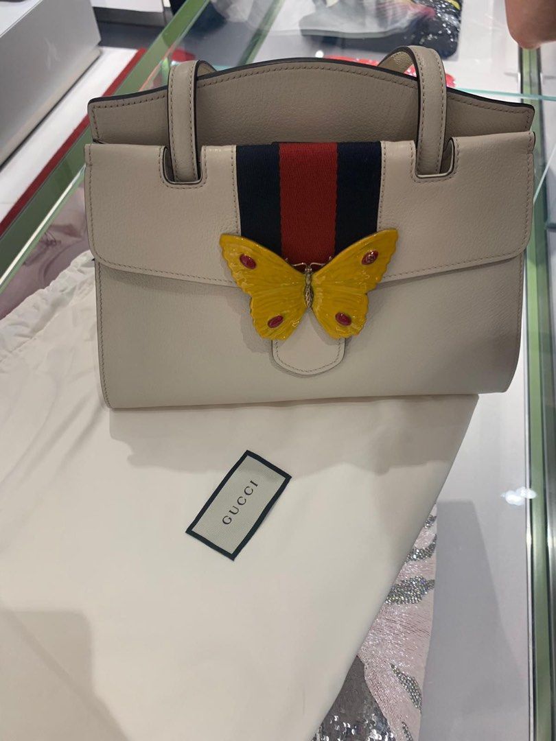 Gucci Medium White Top Handle With Butterfly Web Strap Leather Bag authentic