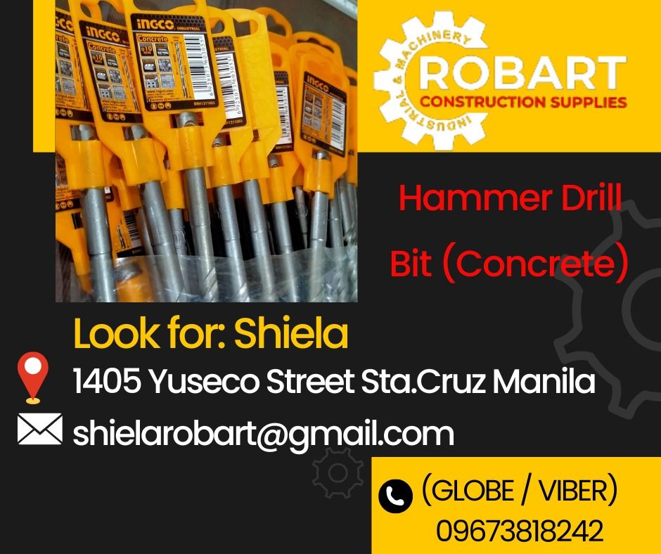 Hammer Drill Bit (Concrete) (Category: Construction Tools & Equipment) located in Caloocan City. Submitted by shielaroba44709 (Listing ID 1312311918, Image 1). Description: Hammer Drill Bit (Concrete) Brand: Ingco Size: 10mm x 210mm SEND US MESSAGE FOR INQUIRIES ‼️‼️ Call: 09673818242 / 09662708845 Landline: 8636-3005 / 7746-6248 / 7002-2872 Look For: Shiela Robart Email: shielarobart@gmail. com robartconstructionsupplies@gmail. com 🔵100% Truste