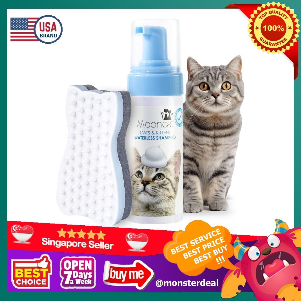 Mooncat Waterless Cat Shampoo Cat Brush Licking Safe Dry Shampoo for Cats No Rinse Foam Cat Bath Grooming for Cat Kitten Sensitive Skin Dander