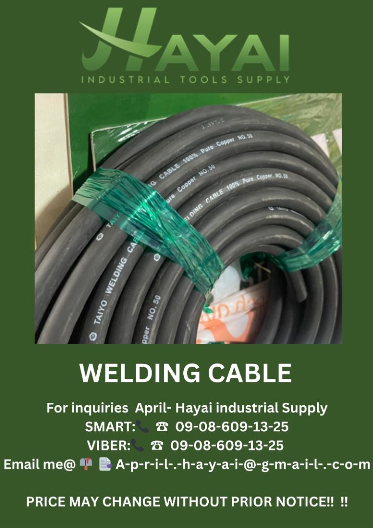 Welding cable (Category: Construction Tools & Equipment) located in Caloocan City. Submitted by aprilv96843328 (Listing ID 1312356488, Image 1). Description: Welding cable Specs: 2/0 PRICE: 275/M For inquiries April- Hayai industrial Supply 📞 ☎ 0-9-0-8-6-0-9-1-3-2-5 Email me@ 📫 📑 A-p-r-i-l-.-h-a-y-a-i-@-g-m-a-i-l-.-c-o-m PRICE MAY CHANGE WITHOUT PRIOR NOTICE!!! .