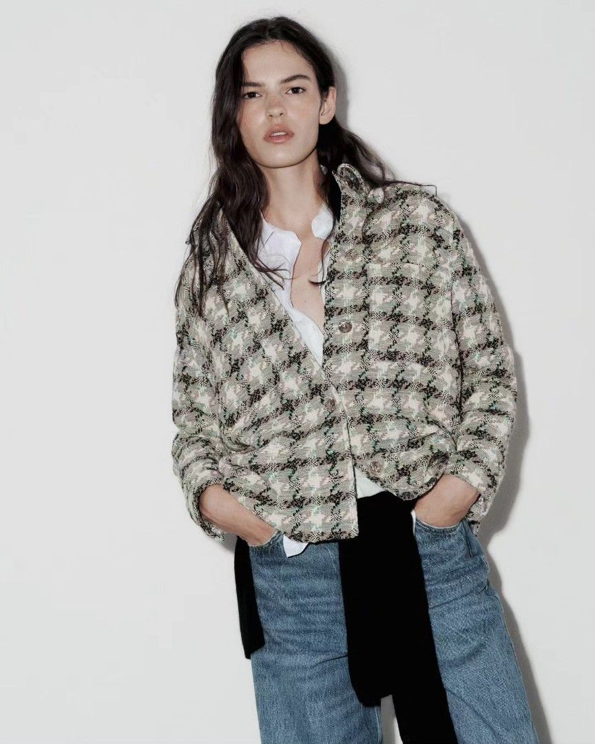 ZARA textured check overshirt, Fesyen Wanita, Pakaian Wanita