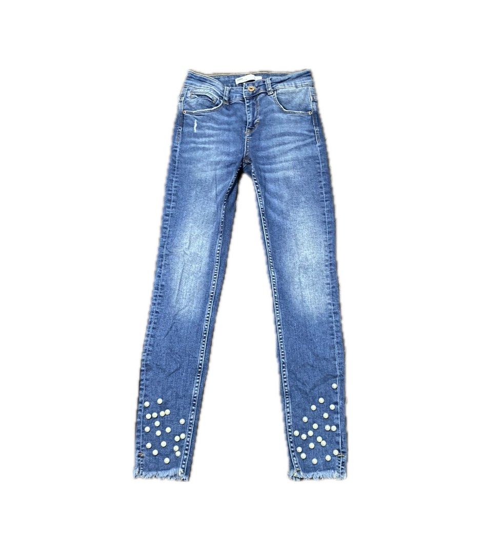 Zara Z1975 Denim Highwaisted Pearl Pants Celana Jeans Biru Panjang  Highwaist Mutiara Wanita