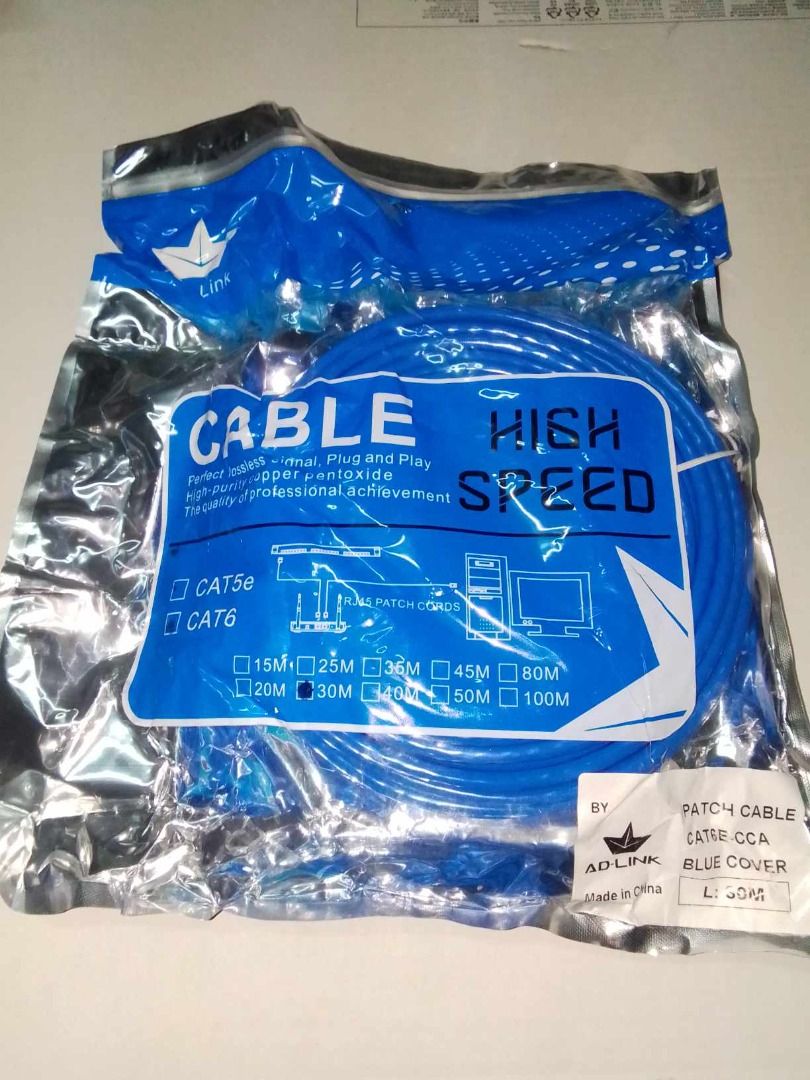 30M AD-LINK UTP CAT6 Gigabit Ethernet Patch LAN network Cable (Category: Cables & Adaptors) located in Pasig City. Submitted by victorioustech (Listing ID 1312491773, Image 3). Description: 30M AD-LINK UTP CAT6 Gigabit Ethernet Patch LAN network Cable High-precision, Cat 6, ANSI/TIA-568-C.2 compliant, ETL Verified, Ethernet LAN patch cable, pre-terminated with RJ45 connectors and available in a wide variety of colors for proper color coding Premi
