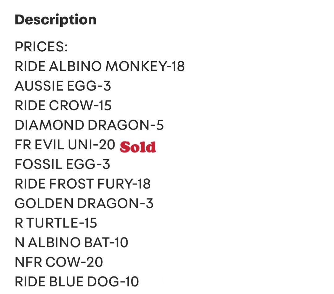 Adopt me pets (Category: In-Game Products) located in Singapore. Submitted by pixxiedustz (Listing ID 1312534708, Image 2). Description: Hello guys DM me if your interested. Next image is the pricing and availability. Crow -sold Cow -sold .