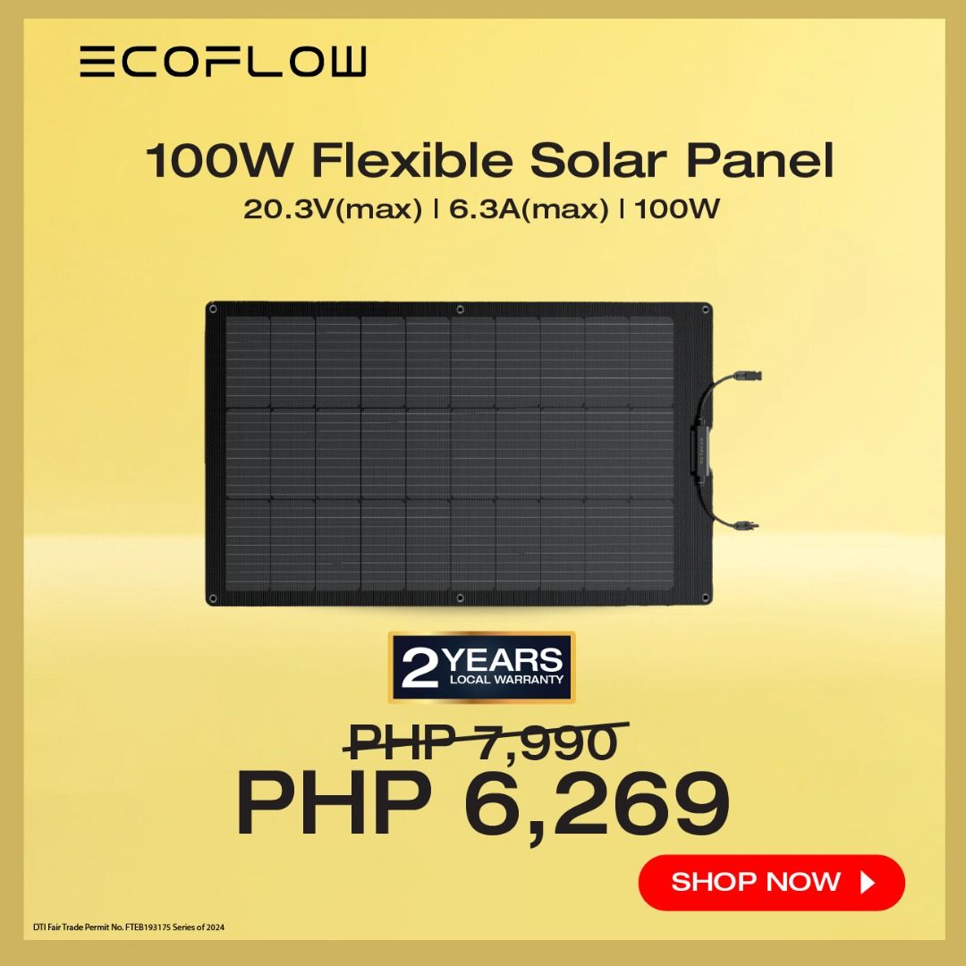EcoFlow 100W Flexible Solar Panel (Category: Office & Business Technology) located in Pasig City. Submitted by otcer.philippines (Listing ID 1312543709, Image 1). Description: Rain or shine, on land or sea, the EcoFlow 100W Flexible Solar Panel keeps you powered up. Its rugged construction and advanced technology withstand the elements, delivering reliable energy wherever you need it. Now PHP 6,269, with a 2-year local warranty. Embrace the power