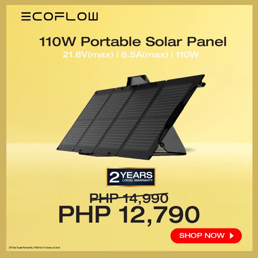 EcoFlow 110W Portable Solar Panel (Category: Office & Business Technology) located in Pasig City. Submitted by otcer.philippines (Listing ID 1312550739, Image 1). Description: Transform your energy game with the EcoFlow 110W Portable Solar Panel, now at a special price of PHP 12,790! Experience the freedom of portable solar power backed by a 2-year local warranty. Available at Otcer.ph. Visit https://otcer.ph or call us at +63 919 839 9123. #EcoF