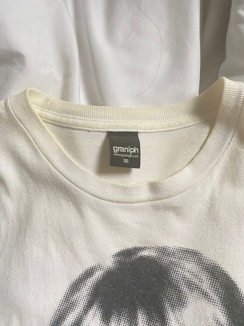 graphic tee gorpcore aesthetic white shirt (Category: Shirts) located in Pasig City. Submitted by ctiner (Listing ID 1312545066, Image 2). Description: Need funds:) *has yellow stain sa neckline best fit to M.