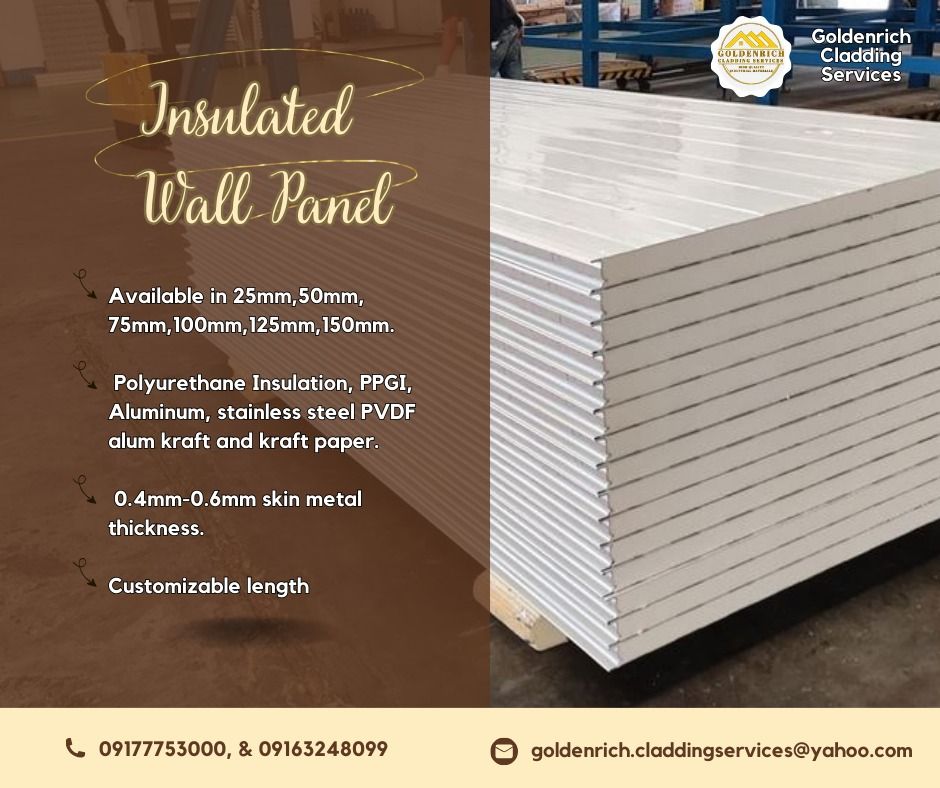 INSULATED WALL PANEL (Category: Construction & Building Materials) located in Quezon City. Submitted by grcsrocheal (Listing ID 1312531158, Image 1). Description: INSULATED WALL PANEL " > Available in 25mm,50mm, 75mm,100mm,125mm,150mm. > Polyurethane Insulation, PPGI, Aluminum, stainless steel PVDF alum kraft and kraft paper. > 0.4mm-0.6mm skin metal thickness. > Customizable length Goldenrich Cladding Services is on the leading edge of the susta
