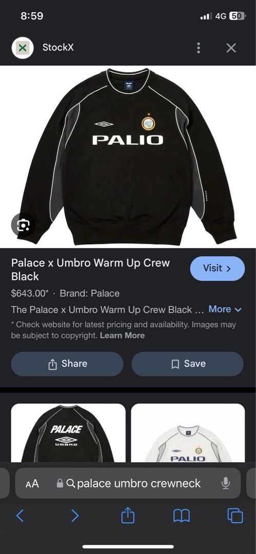 Palace x Umbro Warm Up Crew Black, Men's Fashion, Tops