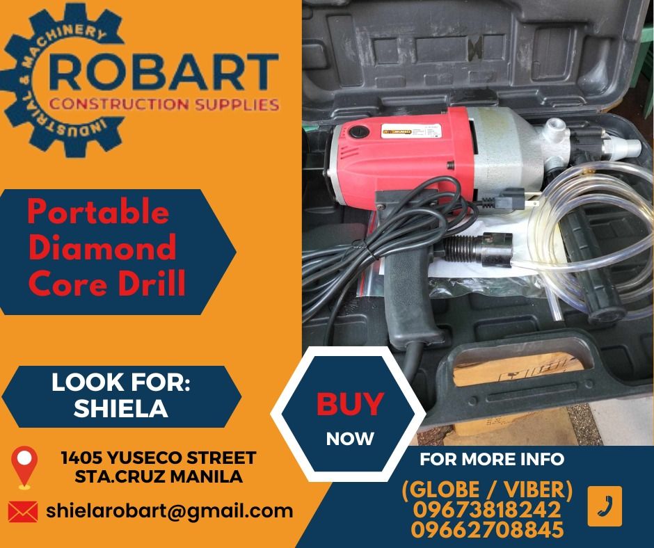 Portable Diamond Core Drill (Category: Construction Tools & Equipment) located in Caloocan City. Submitted by shielaroba44709 (Listing ID 1312490755, Image 1). Description: Portable Diamond Core Drill 1 unit SEND US MESSAGE FOR INQUIRIES ‼️‼️ Call: 09673818242 / 09662708845 Landline: 8636-3005 / 7746-6248 / 7002-2872 Look For: Shiela Robart Email: shielarobart@gmail. com robartconstructionsupplies@gmail. com 🔵100% Trusted Supplier 🔵Competitive 