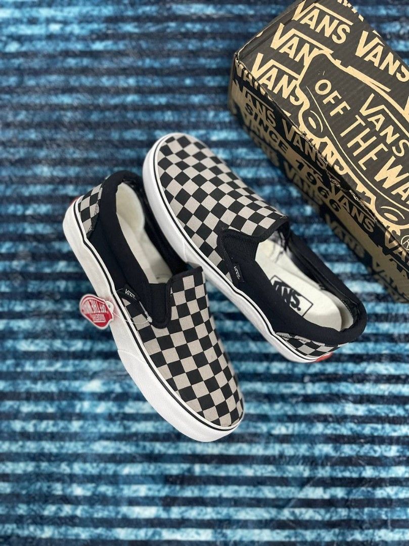 Vans slip on checkerboard black grey saiz 36 44 Men s Fashion Footwear Sneakers on Carousell