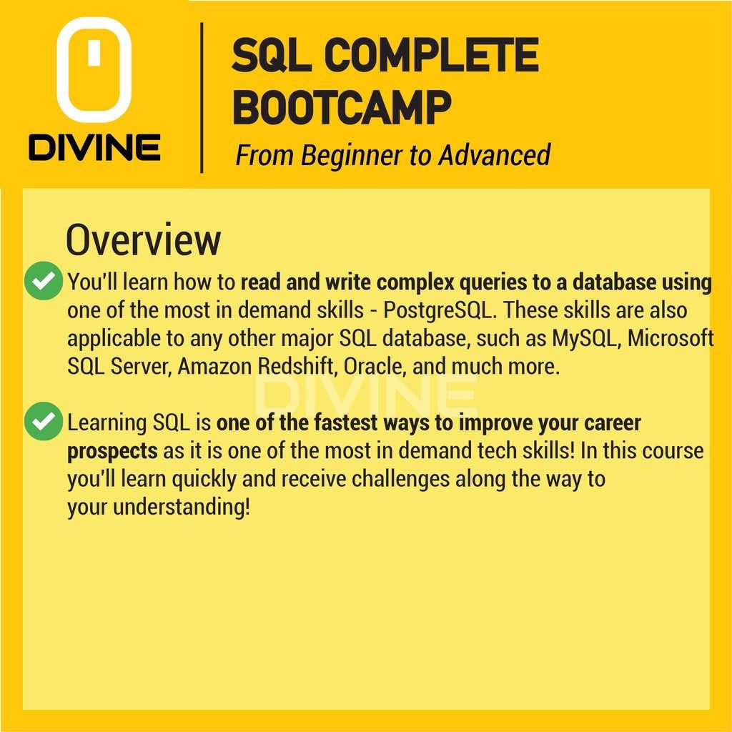 [Video Course] SQL Course SQL Guide Programming | (Category: Software) located in Singapore. Submitted by software_tech888 (Listing ID 1312524737, Image 2). Description: ***Lifetime Valid*** ***Direct Source*** ***Guaranteed Updates for New Versions*** This is a Video Course for SQL Complete Bootcamp From Beginner to Advanced [80 Lessons +] This Video Course Included of: ✔️80+ Lessons Video Course ✔️8+ hours Video Course ✔️Step-By-Step Guide Skil