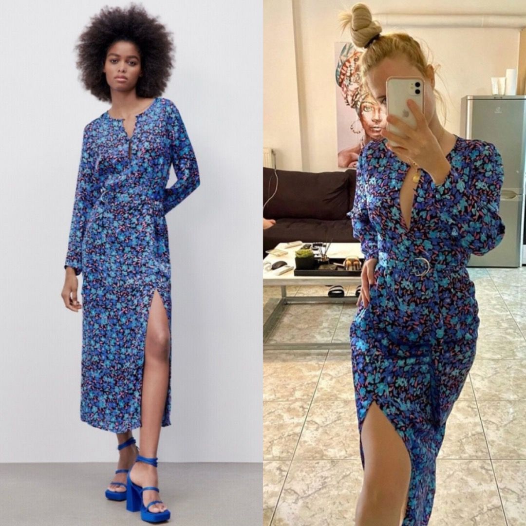 Zara Blue Floral Print Round Neck Satin with Slit Belted Midi Maxi Dress Women s Fashion Dresses Sets Dresses on Carousell