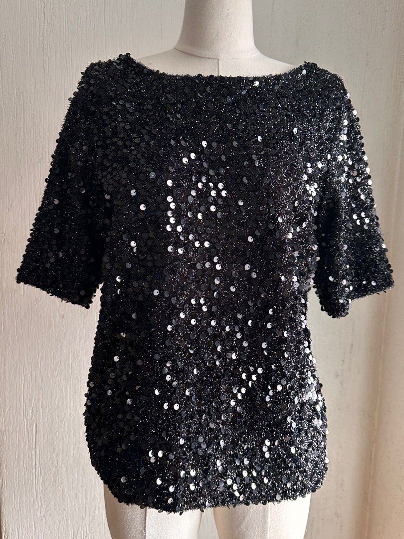 Black Sequenced Top - Sheer Back (Category: Blouses) located in Paranaque City. Submitted by declutter_therapy (Listing ID 1312654116, Image 2). Description: Worn once. Bust: 35-45in Size: M-L .