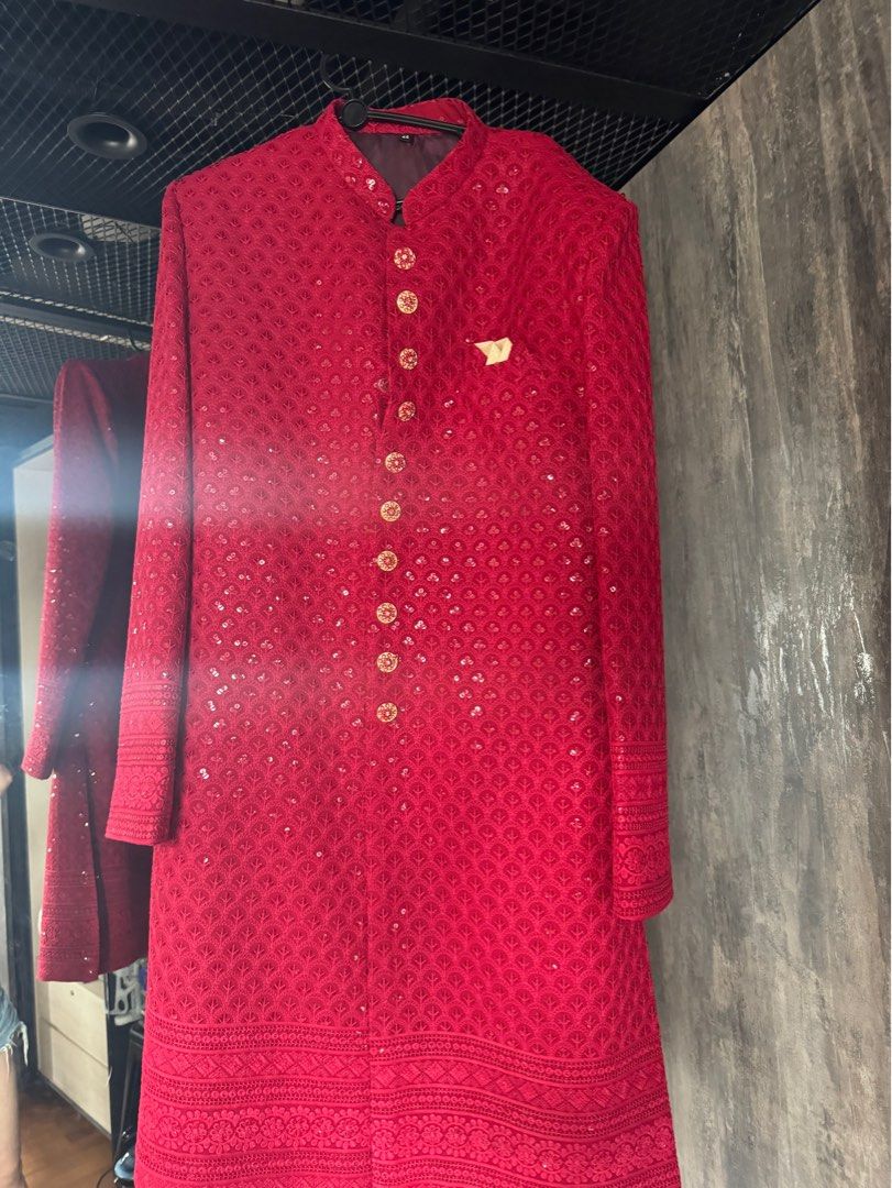 brand new Indian ethnic Sherwani (red top) and dhoti (bottom) w shoes (Category: Sets & Coordinates) located in Singapore. Submitted by unicornxroses (Listing ID 1312795965, Image 2). Description: brand new, meant to wear for an occasion but didnt. full set top, dhoti and shoes disclaimer: male model doesnt come with .