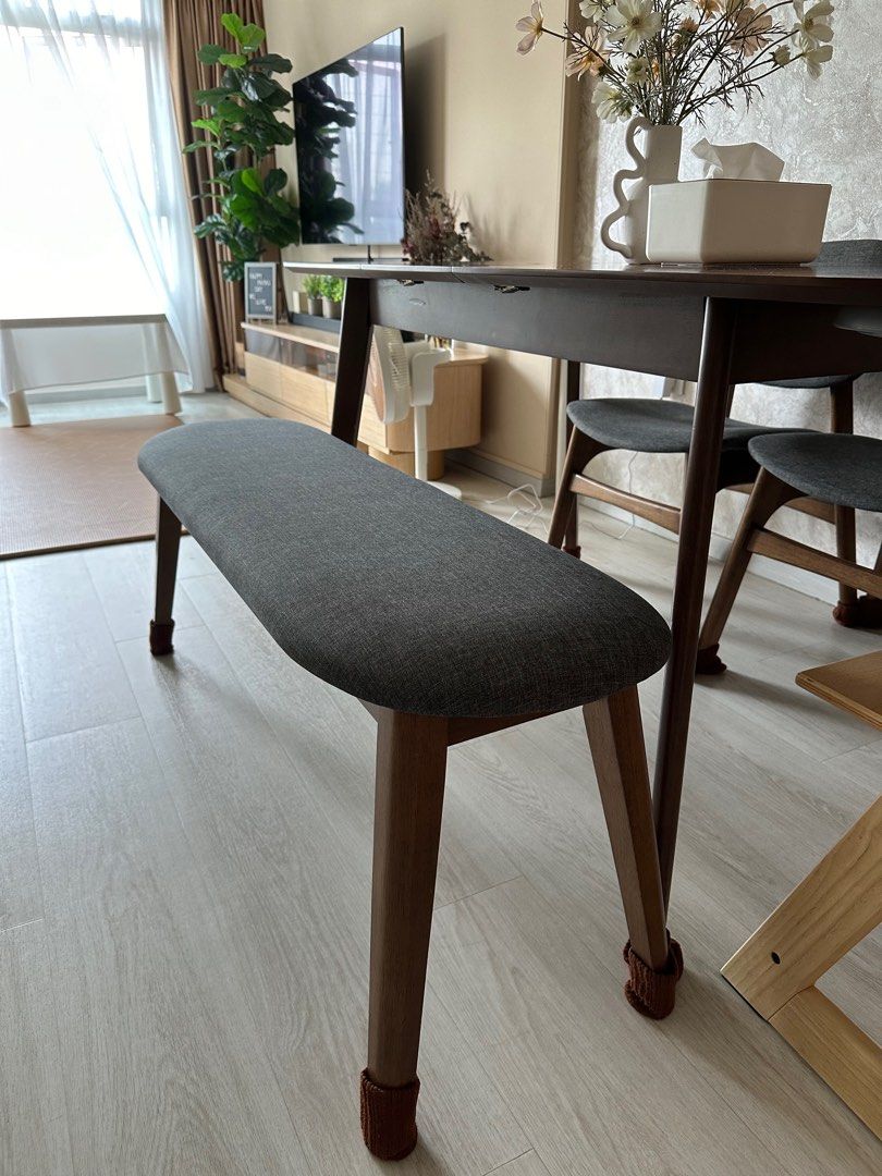 Dining Table (Category: Tables & Sets) located in Singapore. Submitted by junkoftheheartsss (Listing ID 1312660627, Image 3). Description: Selling as buying new sets Heavily used but well maintained, still in good condition especially the bench and chairs. Open for viewing with no obligation. Extendable table from 120cm to 150cm Walnut Mint condition with slight marks Not for fussy but will let go as a set Castlery Doris Bench in Steel Grey and W