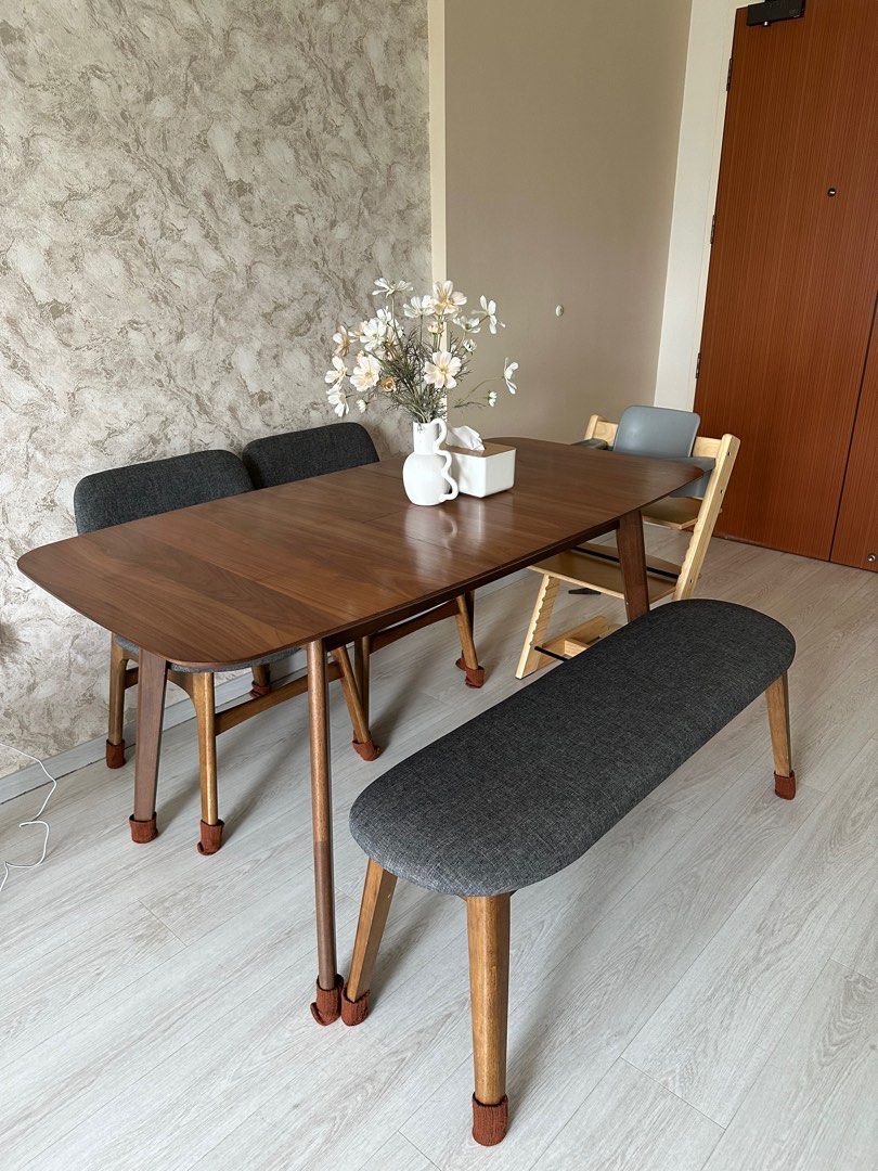 Dining Table (Category: Tables & Sets) located in Singapore. Submitted by junkoftheheartsss (Listing ID 1312660627, Image 1). Description: Selling as buying new sets Heavily used but well maintained, still in good condition especially the bench and chairs. Open for viewing with no obligation. Extendable table from 120cm to 150cm Walnut Mint condition with slight marks Not for fussy but will let go as a set Castlery Doris Bench in Steel Grey and W