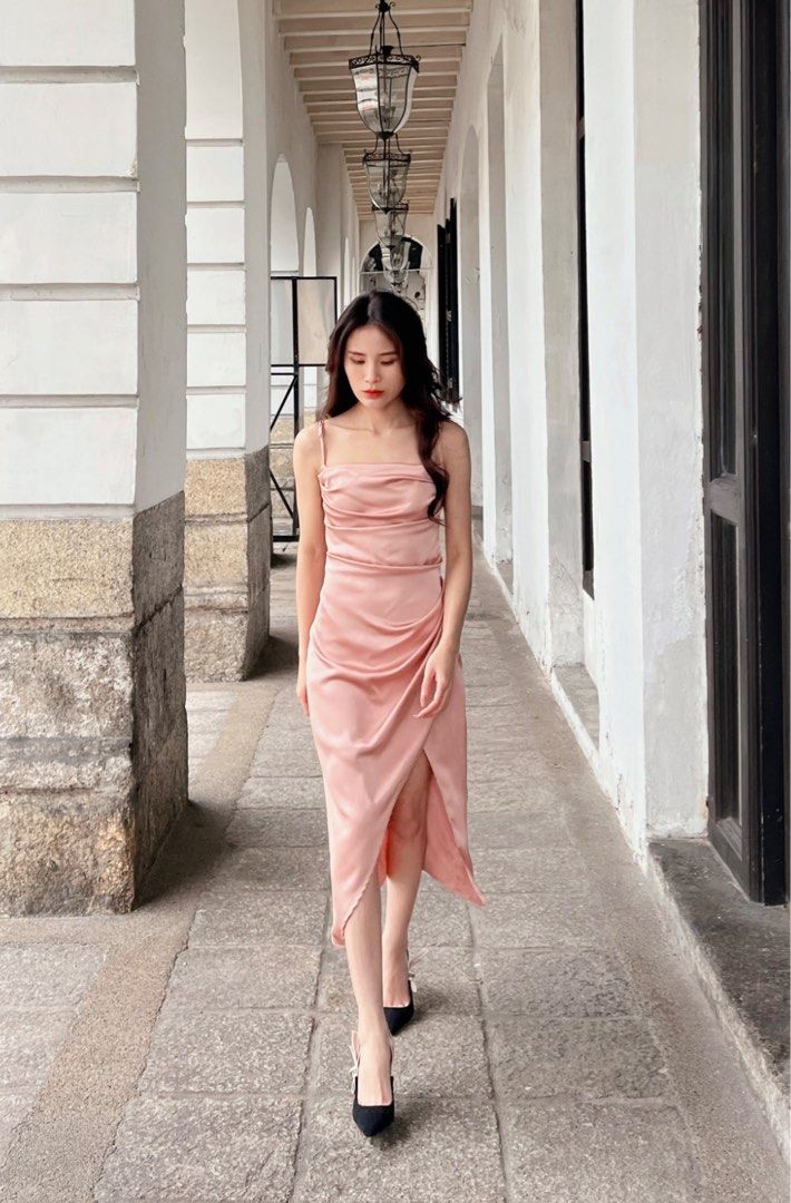 esme padded satin column drape midi dress S) Esme Satin Column Drape Midi Dress in Peach Pink, Women's Fashion,  Dresses & Sets, Dresses on Carousell