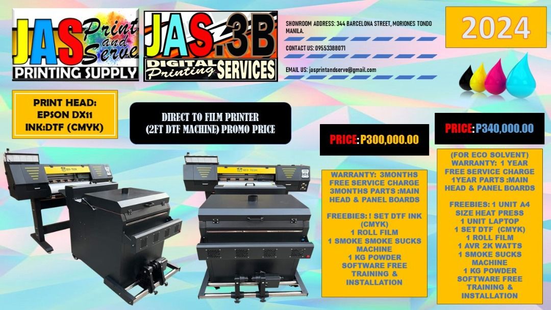 DTF PRINTER MACHINE 2FT BRAND NEW SEALED (Category: Printers, Scanners & Copiers) located in Manila. Submitted by melvinflor41363 (Listing ID 1312733705, Image 1). Description: TIME TIME TECHNICAL SUPPORT GOOD AFTER SALE SERVICE CAN SHIP NATION WIDE ✔️ FREEBIES ✔️ FREE TRAINING & INSTALLATION ✔️ AFTER SALES AND SERVICE IN PHILIPPINES ✔️ MAINTENANCE & REPAIR SUPPORT ✔️ CONSUMABLES AND PARTS AVAILABLE. ✔️ WITH WARRANTY ON PARTS ✔️ ONSITE TRAINING ✔