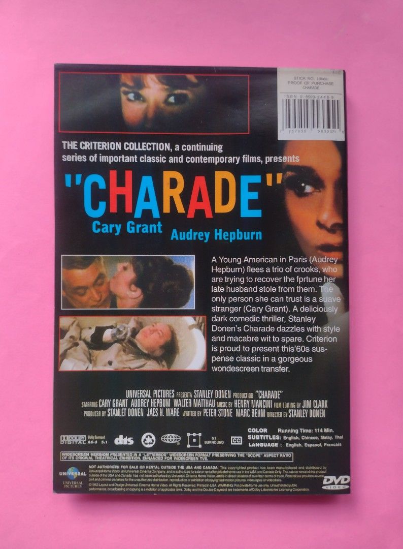 DVD Movie : " Charade " (Category: Storybooks) located in Quezon City. Submitted by yesteryearscorner (Listing ID 1312715724, Image 2). Description: This '60s suspense classic is about a young American in Paris ( played by Audrey Hepburn ) who flees a trio of crooks who are trying to recover the fortune her late husband stole from them . The only person she can trust is a suave stranger ( Cary Grant ) . This film is a deliciously dark comedic thr