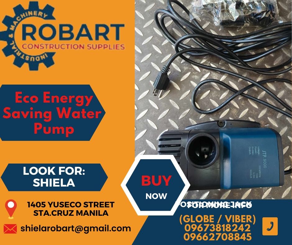 Eco Energy Saving Water Pump (Category: Construction Tools & Equipment) located in Caloocan City. Submitted by shielaroba44709 (Listing ID 1312698044, Image 1). Description: Eco Energy Saving Water Pump Model: JTP-9000 Power(Watts) : 70 Hmax(meters) : 5.2 Output (Liters) : 9000 1 unit SEND US MESSAGE FOR INQUIRIES ‼️‼️ Call: 09673818242 / 09662708845 Landline: 8636-3005 / 7746-6248 / 7002-2872 Look For: Shiela Robart Email: shielarobart@gmail. co