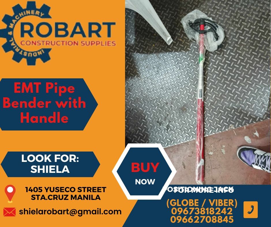 EMT Pipe Bender with Handle (Category: Construction Tools & Equipment) located in Caloocan City. Submitted by shielaroba44709 (Listing ID 1312701653, Image 1). Description: EMT Pipe Bender with Handle 1/2" SEND US MESSAGE FOR INQUIRIES ‼️‼️ Call: 09673818242 / 09662708845 Landline: 8636-3005 / 7746-6248 / 7002-2872 Look For: Shiela Robart Email: shielarobart@gmail. com robartconstructionsupplies@gmail. com 🔵100% Trusted Supplier 🔵Competitive Pr
