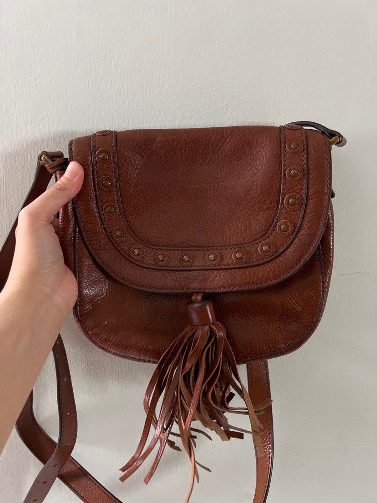 fossil brown leather mini sling bag