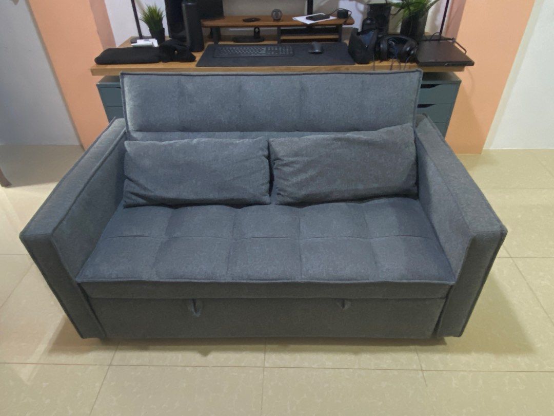 Grendinburg 2-Seater Sofa Bed Dark Gray (Category: Sofas) located in Quezon City. Submitted by amdacles (Listing ID 1312706349, Image 2). Description: GRENDINBURG 2-SEATER SOFA BED Bought last 11/30/23 thru Furniture Source Philippines Website. Original Price: P16,990 Selling Price: 11,000 (NON-NEGO) RFS: Move out. Minor flaw: Damaged 1 leg due to frequent moving. Fixable..