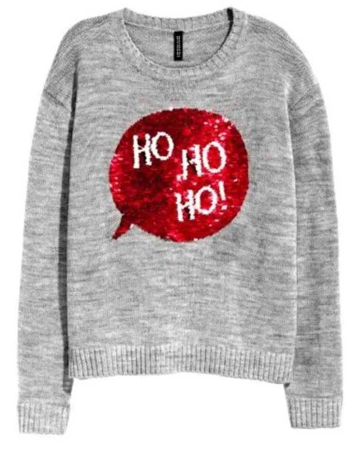 H M Sweater Grey Ho Ho Ho No No No Reversible Sequin Fesyen Wanita Pakaian Wanita Atasan di Carousell