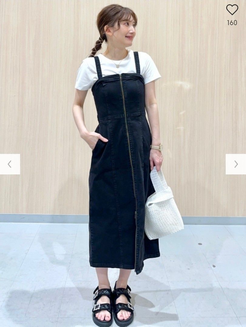 JAPAN) GU Black denim front zipped overall dress, Women's Fashion