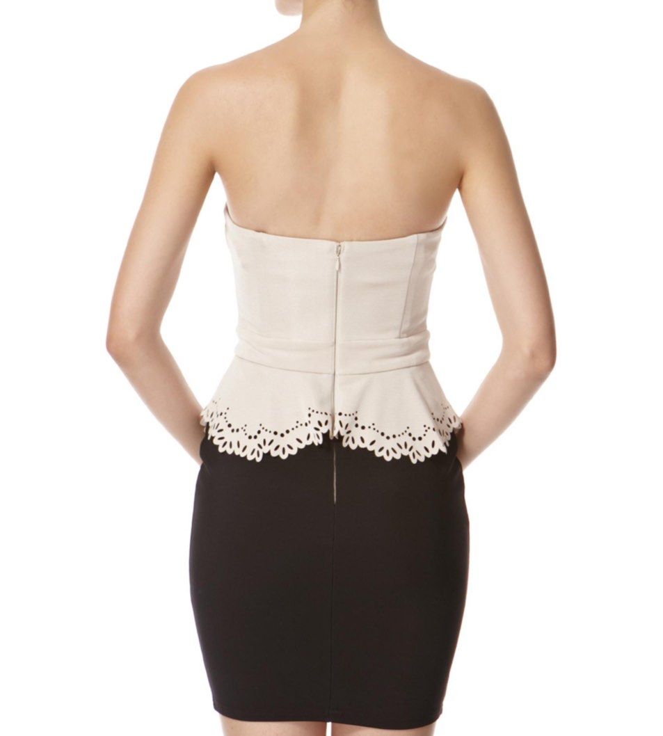 Lipsy London Bandeau Laser Cut Peplum Dress in Nude Black