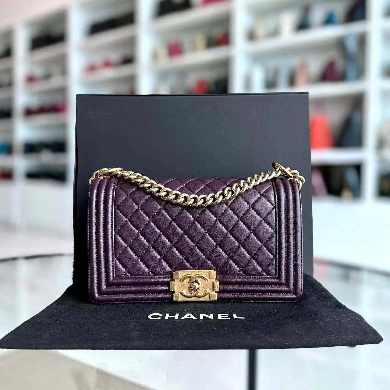 Ready Stock Chanel Boy Old Medium 25CM Quilted Lambskin Dark Purple Violet Leboy Golden Hardware Series 23 Luxury Bags Wallets on Carousell