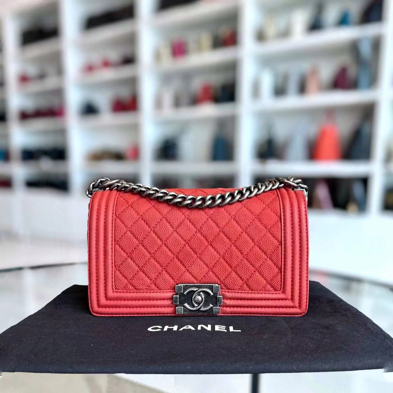 Ready Stock Chanel Caviar Boy Old Medium 25CM Quilted Suede Calfskin Leboy Silver Hardware Series 18