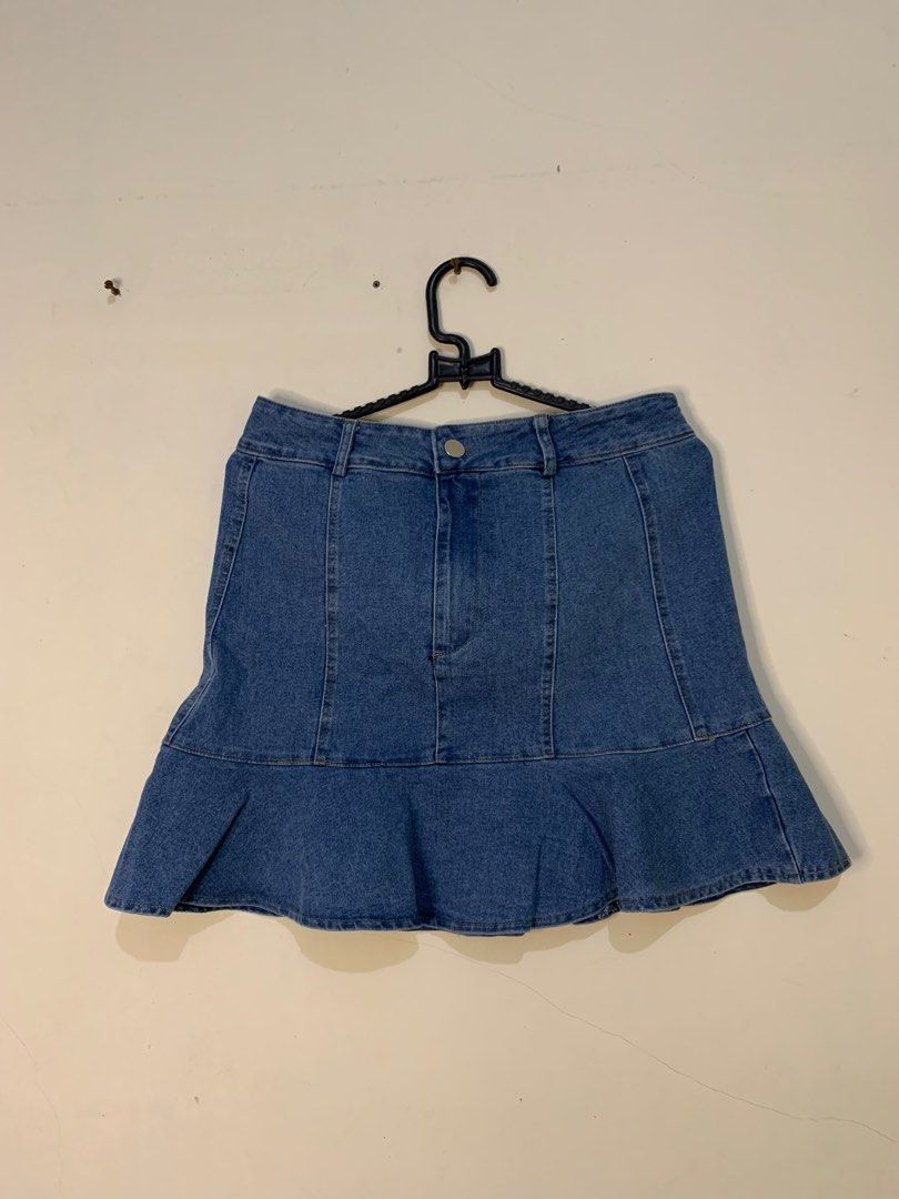 SHEIN Denim Skirt, Fesyen Wanita, Pakaian Wanita, Gaun Rok di